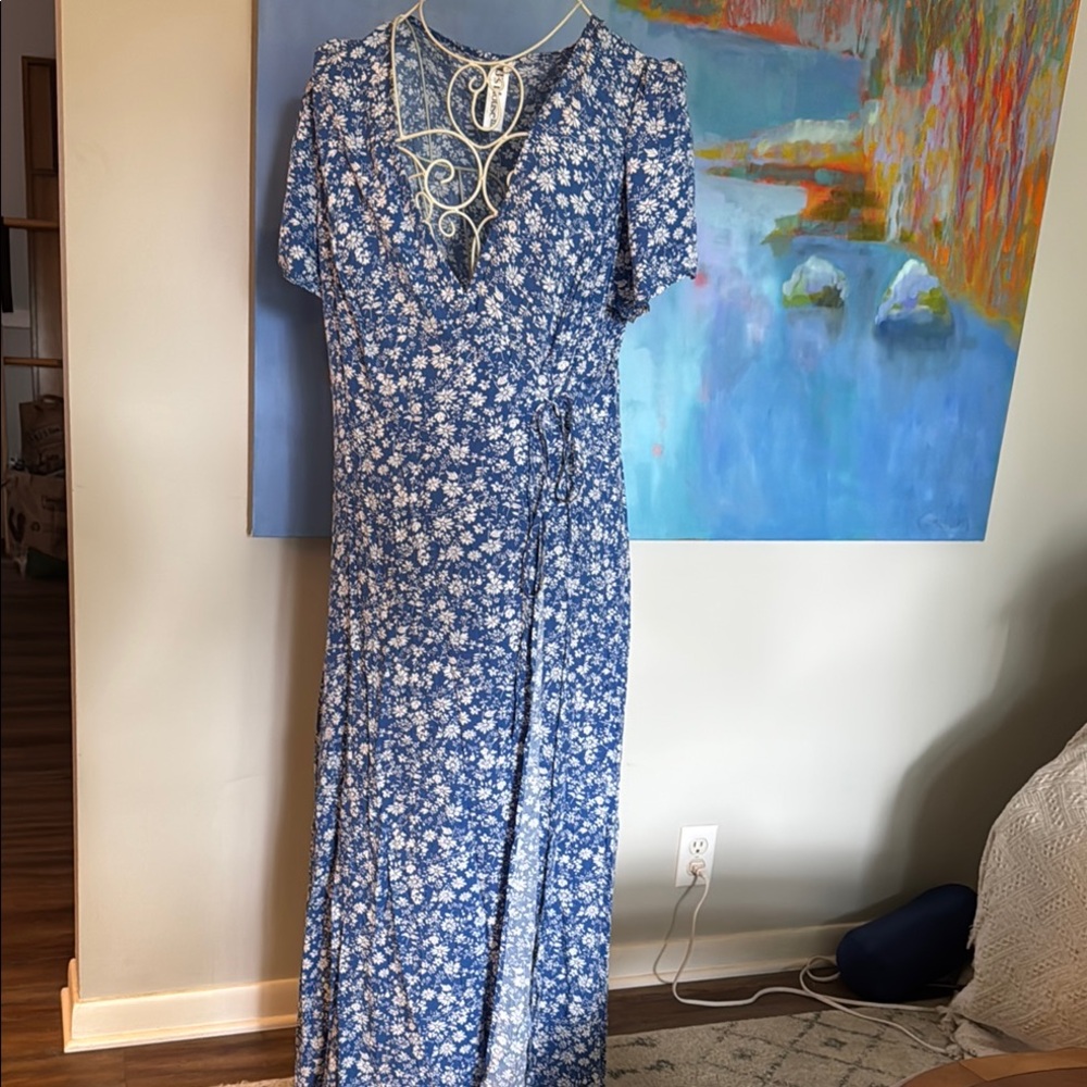 JJs House Blue and White Flutter Sleeve Maxi Sundress